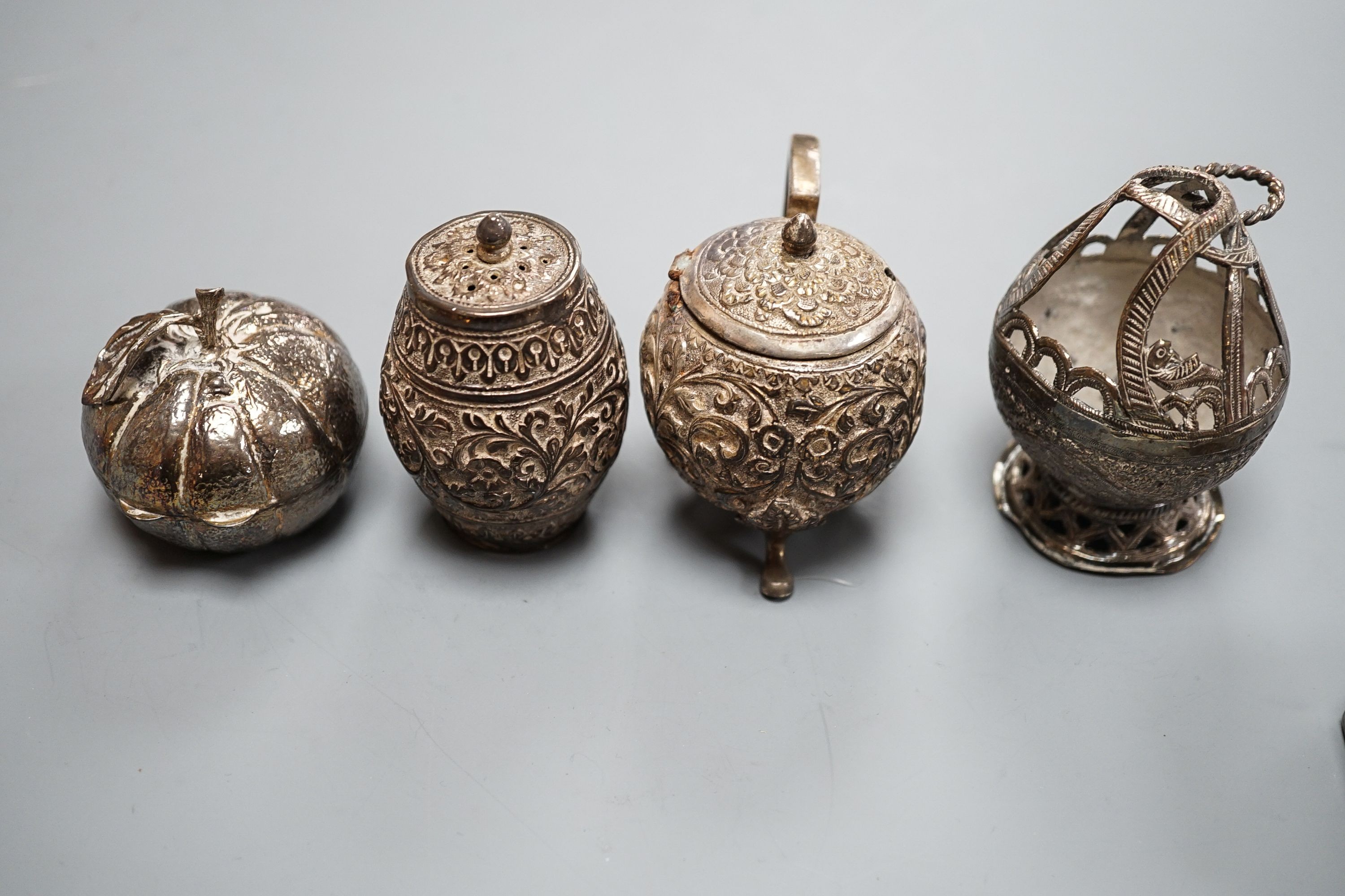 Two Indian white metal condiments and three other continental items including box with hinged cover.